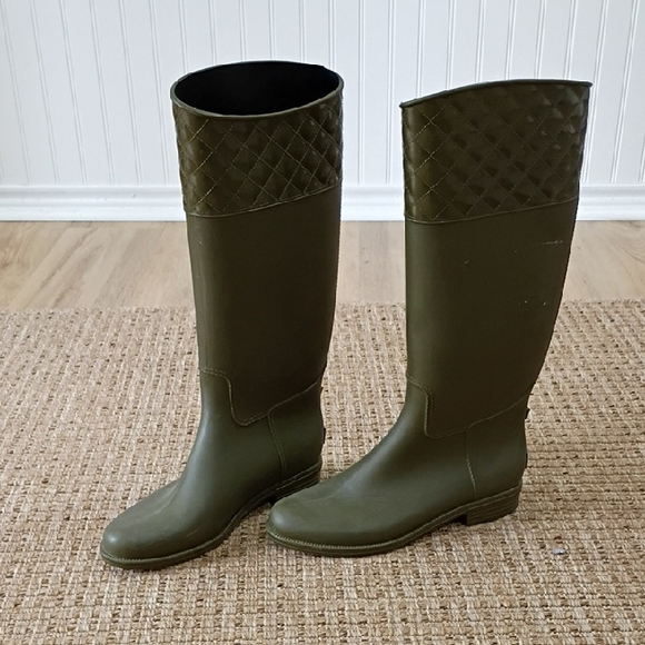 Quilted Olive Knee-High Women's Rain Boots - Picture 1 of 3